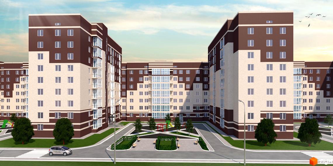 Зовнішній вигляд житлового комплексу Родинна казка з коричнево-бежевими фасадами та прибудинковою територією з дитячим майданчиком та зонами відпочинку. Новобудова з багатьма вікнами та балконами.