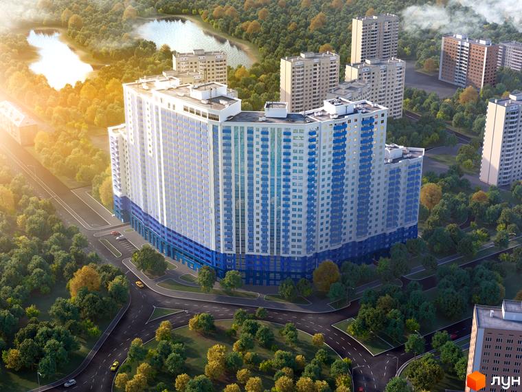 Житловий комплекс Виноградний (Синьоозерний) з сучасним фасадом та прибудинковою територією з зеленими насадженнями.