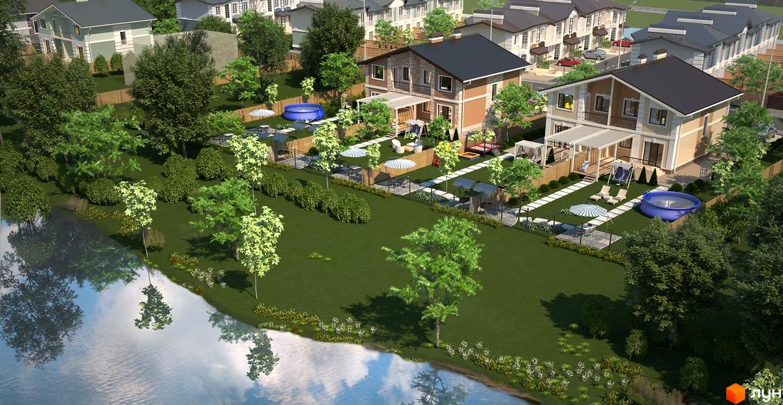 Двоповерхові будинки з темними дахами та терасами. На прибудинковій території є басейни, альтанки, зелені насадження та доріжки.