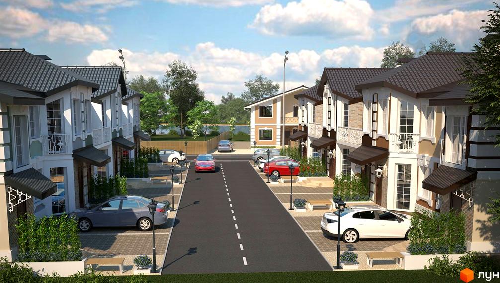 Котеджне містечко Riviera: двоповерхові будинки зі світлими фасадами та темними дахами. Прибудинкова територія з дорогою, автомобілями та озелененням.