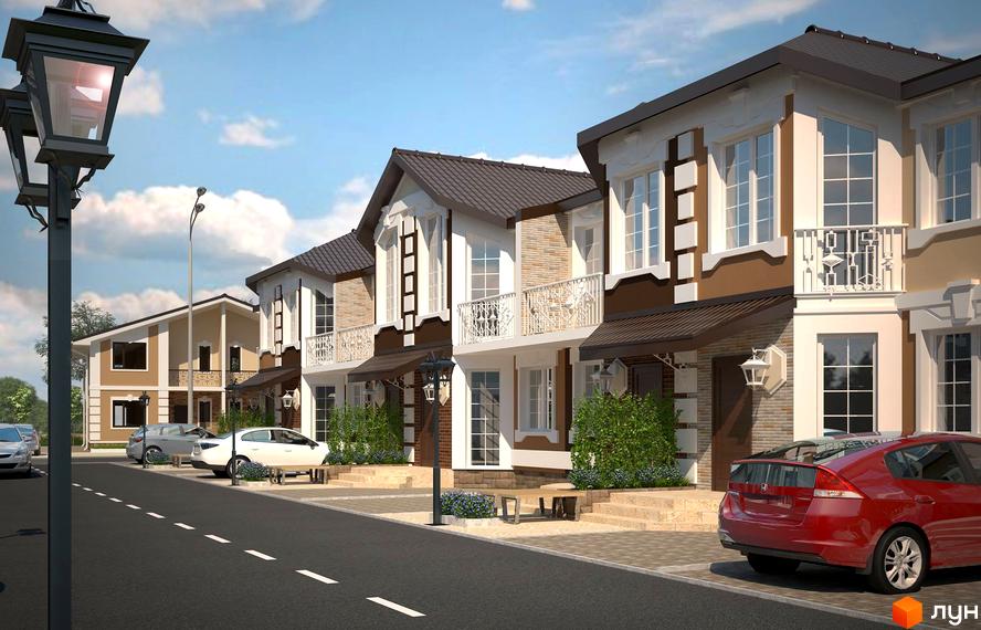 Котеджне містечко Riviera. Двоповерхові будинки з коричневою покрівлею та білими балконами. На вулиці припарковані автомобілі.