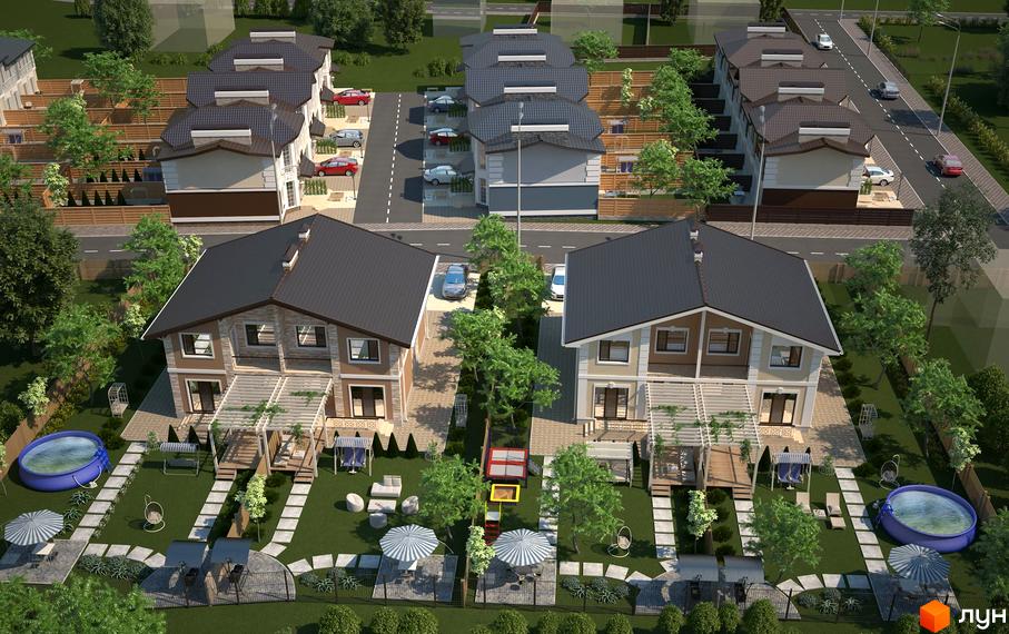 Котеджне містечко Riviera: двоповерхові будинки з темними дахами та світлими фасадами. Прибудинкова територія з газонами, деревами, басейнами та зонами відпочинку.