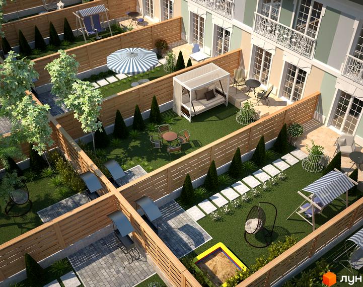 Будинки Котеджного містечка Riviera зі світлими фасадами та балконами. Приватні двори з газонами, доріжками, меблями для відпочинку та дитячими елементами.