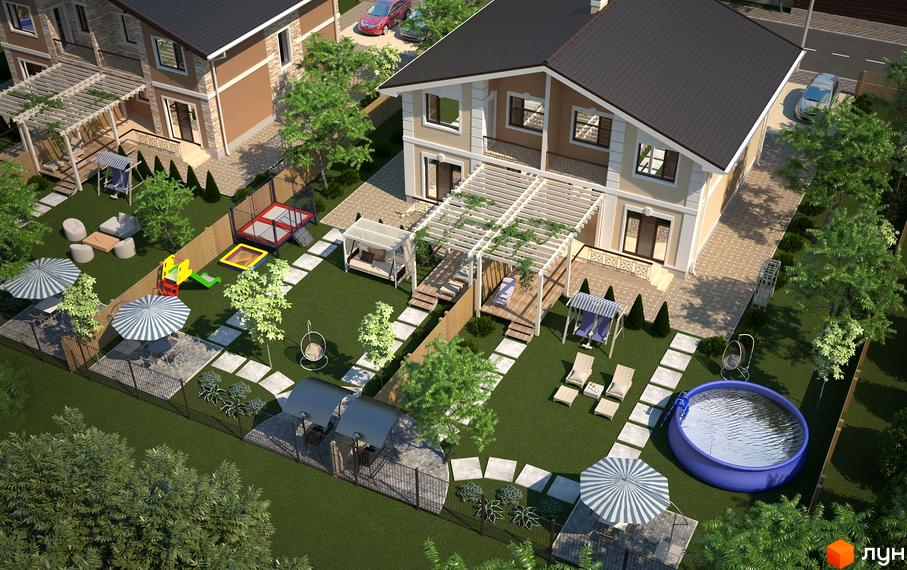 Котеджне містечко Riviera: двоповерховий будинок з темним дахом та світлими фасадами. Прибудинкова територія має зелений газон, дитячий майданчик, басейн та зони відпочинку.