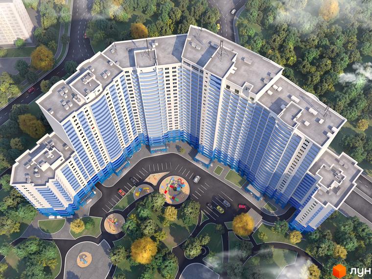 Житловий комплекс Виноградний (Синьоозерний) з оглядом на прибудинкову територію та парковку. Сучасна архітектура та зелені насадження.