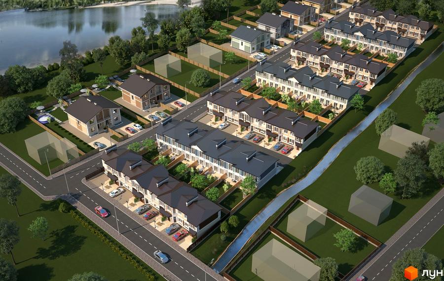 Котеджне містечко Riviera з котеджами з темними дахами та світлими фасадами. На території комплексу є парковка, зелені насадження та водойма.