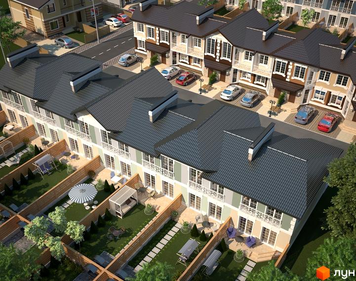 Котеджне містечко Riviera. Двоповерхові будинки з темними дахами, світлими фасадами та балконами. На прибудинковій території є газони, дерева, альтанки та місця для відпочинку.