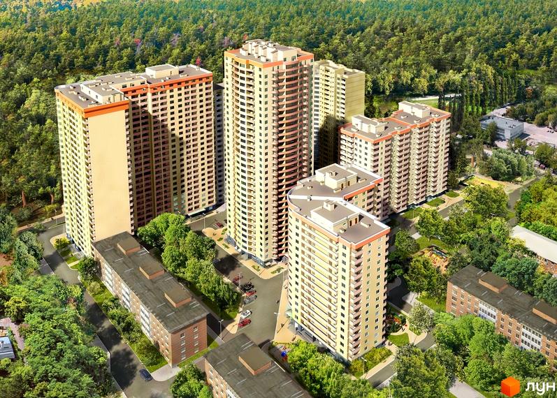 Житловий комплекс Сосновий бір складається з кількох багатоповерхових будинків, оточених зеленими насадженнями та прибудинковою територією.