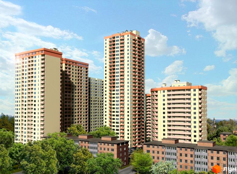 Житловий комплекс Сосновий бір з сучасними багатоповерхівками та прибудинковою територією з зеленими насадженнями.