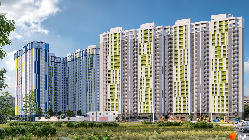 Житловий комплекс Злагода з висотними будинками з білими фасадами та зеленими вставками. На території комплексу є дитячий майданчик та зелені насадження.