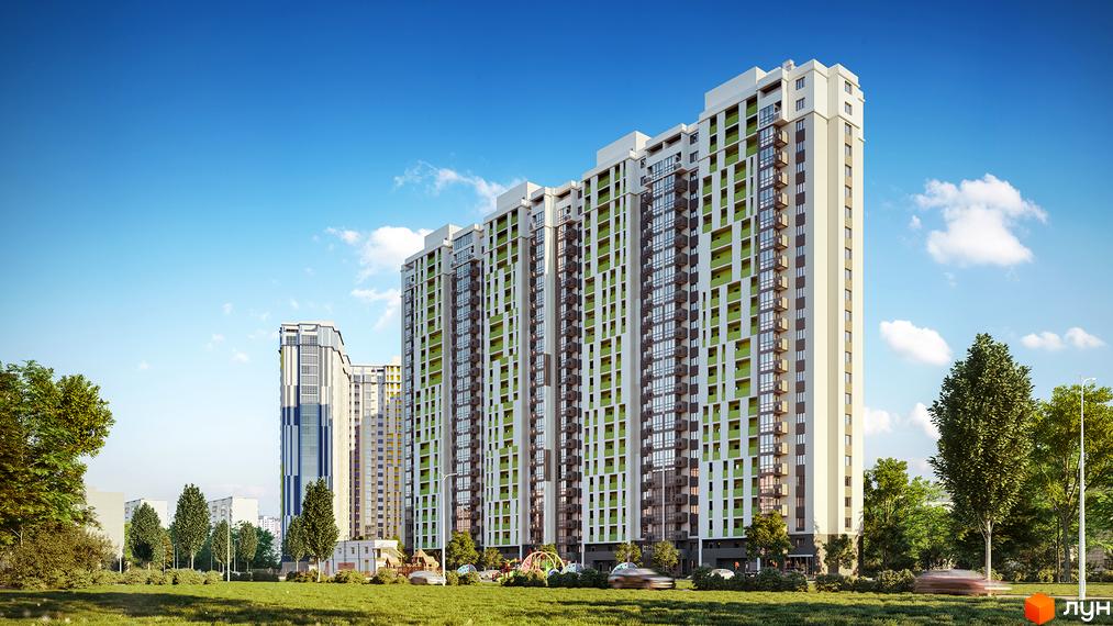 Житловий комплекс Злагода. Зовнішній вигляд багатоповерхових будинків з зеленими та білими фасадами, балконами та великими вікнами. Прибудинкова територія з газоном, деревами та дитячим майданчиком.