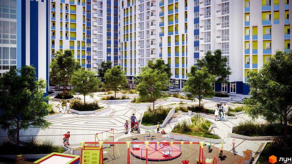 Злагода: яскравий фасад будинку з синіми та жовтими елементами. Прибудинкова територія з дитячим майданчиком та зонами відпочинку.