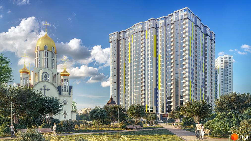 Висотна будівля житлового комплексу Злагода на фоні блакитного неба. На прибудинковій території розташовані лавки, зелені насадження та доріжки для прогулянок.