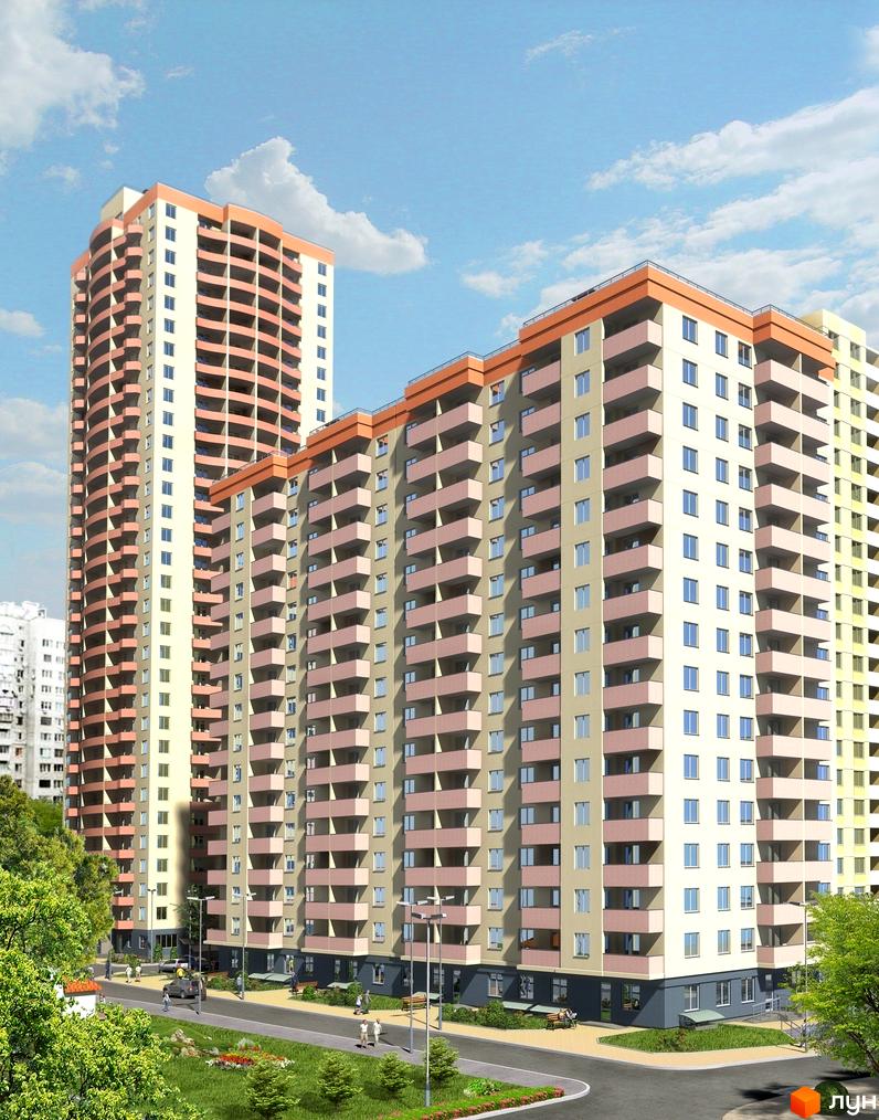 Житловий комплекс Сосновий бір з сучасними багатоповерхівками та облаштованою прибудинковою територією.