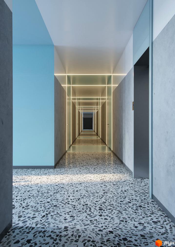 Сучасний коридор у житловому районі Rybalsky з підсвічуванням та оздобленням під бетон. Підлога вкрита тераццовою плиткою з великими вкрапленнями.