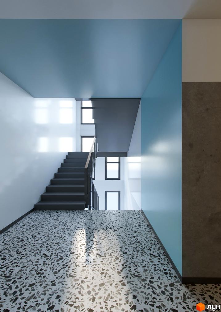 Сходи та хол у Житловому районі Rybalsky з білими та блакитними стінами, сірими сходами та підлогою тераццо. Природне освітлення через вікна.