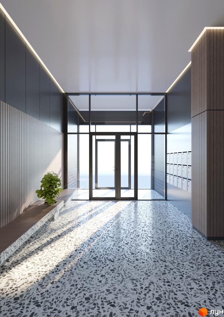 Інтер'єр вестибюля Житлового району Rybalsky з підлогою терраццо, дерев'яними панелями та скляними дверима. Наявні лава з рослиною та поштові скриньки.