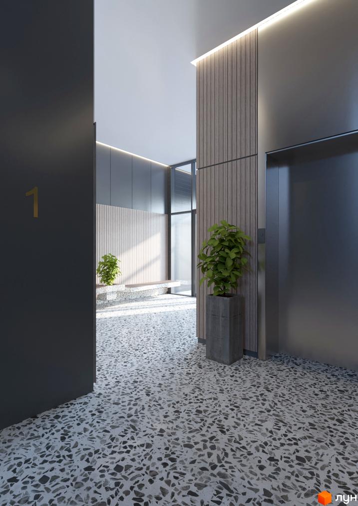 Хол Житлового району Rybalsky з підлогою тераццо, стінами з дерев'яних панелей та металу, а також зеленими рослинами.