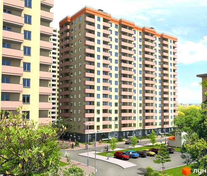 Житловий комплекс Сосновий бір з сучасними багатоповерхівками та прибудинковою територією з паркувальними місцями та зеленими насадженнями.