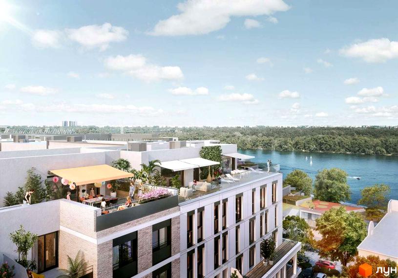 Житловий район Rybalsky: фасади будинків з цегляним оздобленням та терасами з зонами відпочинку біля річки. Навколо зелені насадження та місця для дозвілля.