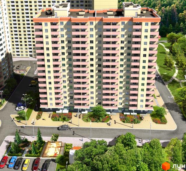 Житловий комплекс Сосновий бір з фасадом у світлих тонах та прибудинковою територією з зеленими насадженнями та дитячим майданчиком.