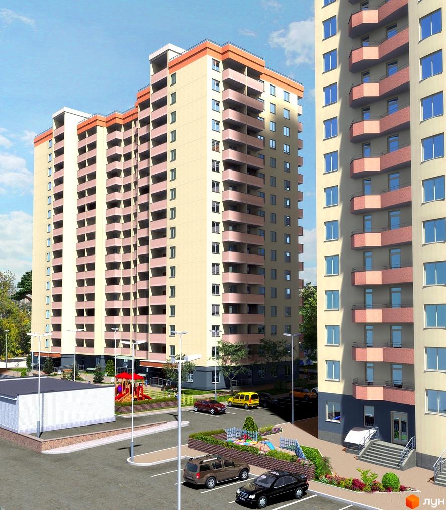 Житловий комплекс Сосновий бір з висотними будинками та прибудинковою територією, що включає дитячий майданчик і парковку.