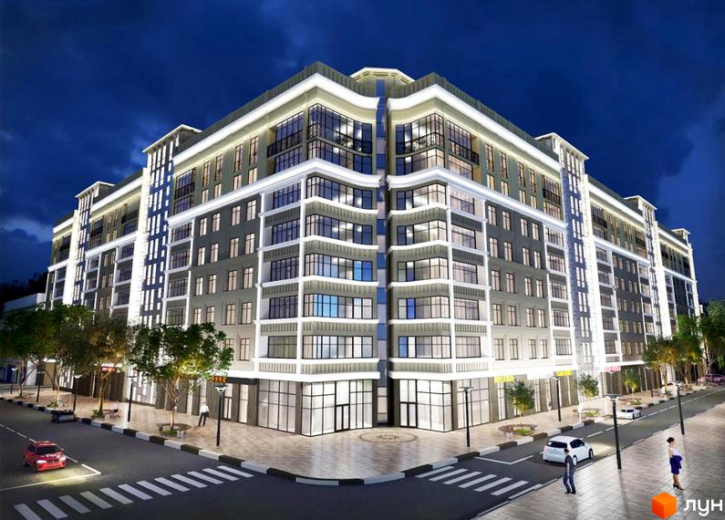 Зовнішній вигляд житлового комплексу Будинок на Сумській з підсвічуванням вночі. Навколо будинку розташована прибудинкова територія з деревами та дорогою.