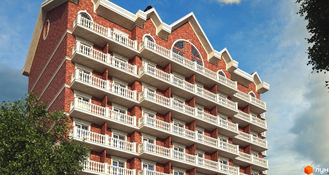 Житловий комплекс Британський дім: цегляна новобудова з балконами та білими балюстрадами на тлі блакитного неба. Зелені дерева доповнюють вигляд.