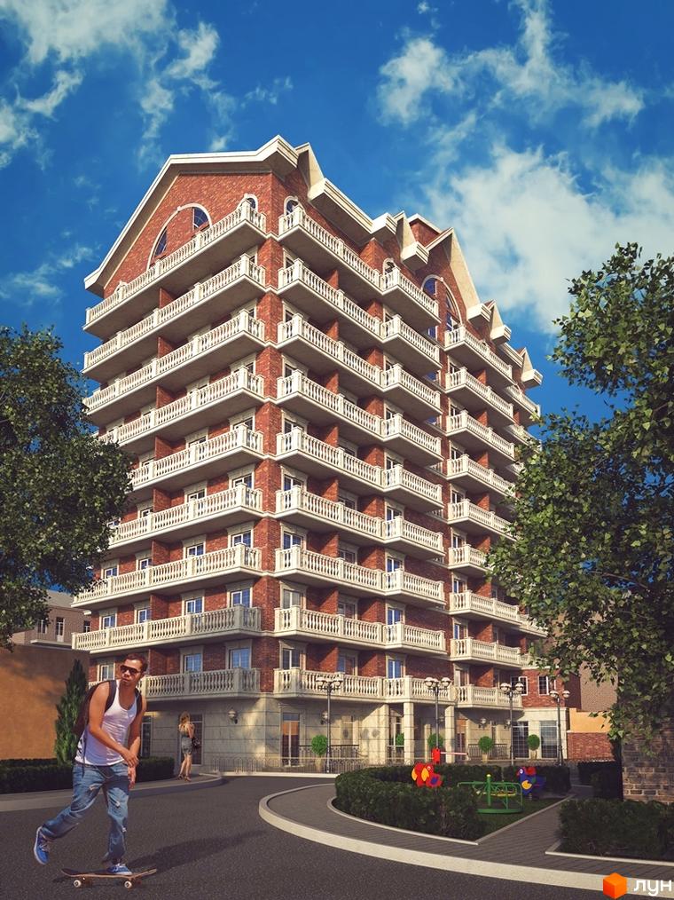 Новобудова Британський дім з червоної цегли з численними балконами. Поруч дитячий майданчик та зелені насадження.