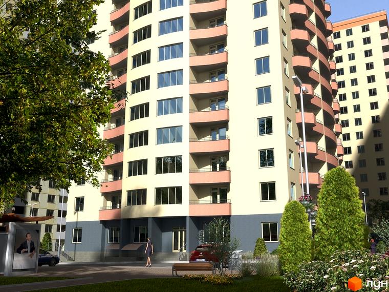 Житловий комплекс Сосновий бір з сучасною архітектурою та зеленими насадженнями на прибудинковій території.