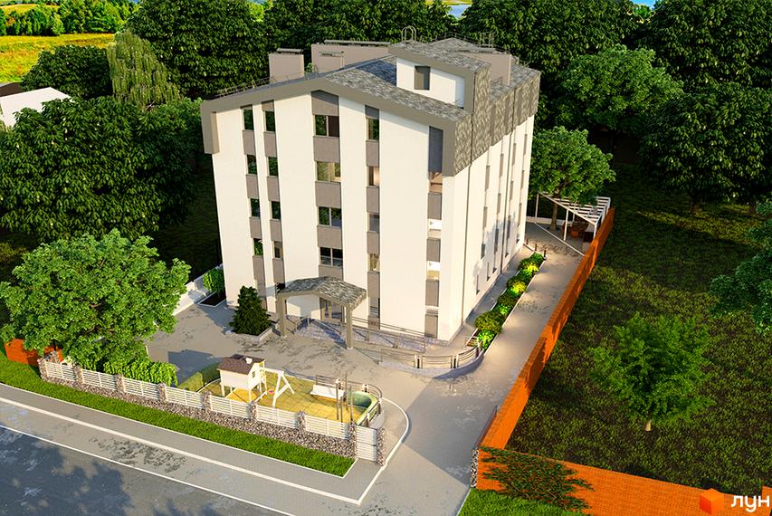 Зображення житлового комплексу «Болгарський»: біла будівля з сірими елементами, вікнами та дахом. На території є дитячий майданчик, зелені насадження та доріжки.