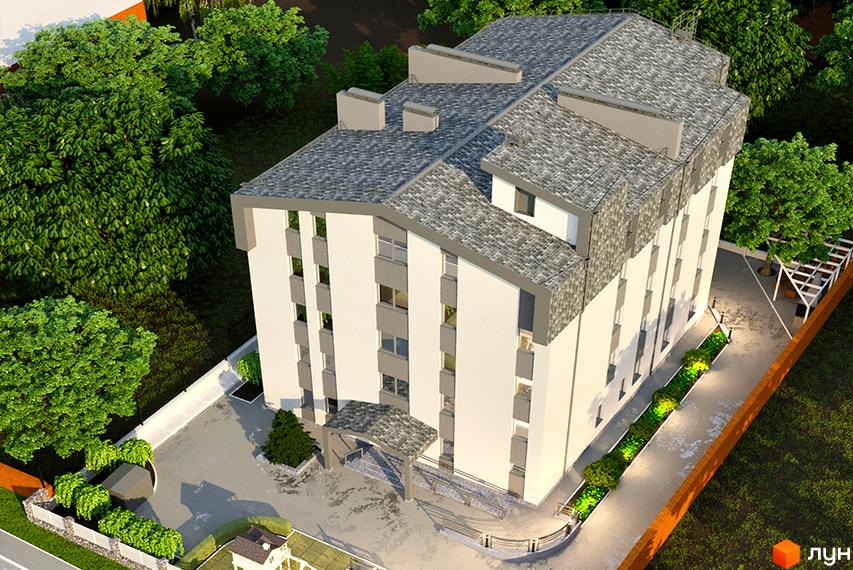 Багатоповерховий клубний будинок „Болгарський“ з білим фасадом та сірим дахом. Прибудинкова територія облаштована зеленими насадженнями, доріжками та освітленням.