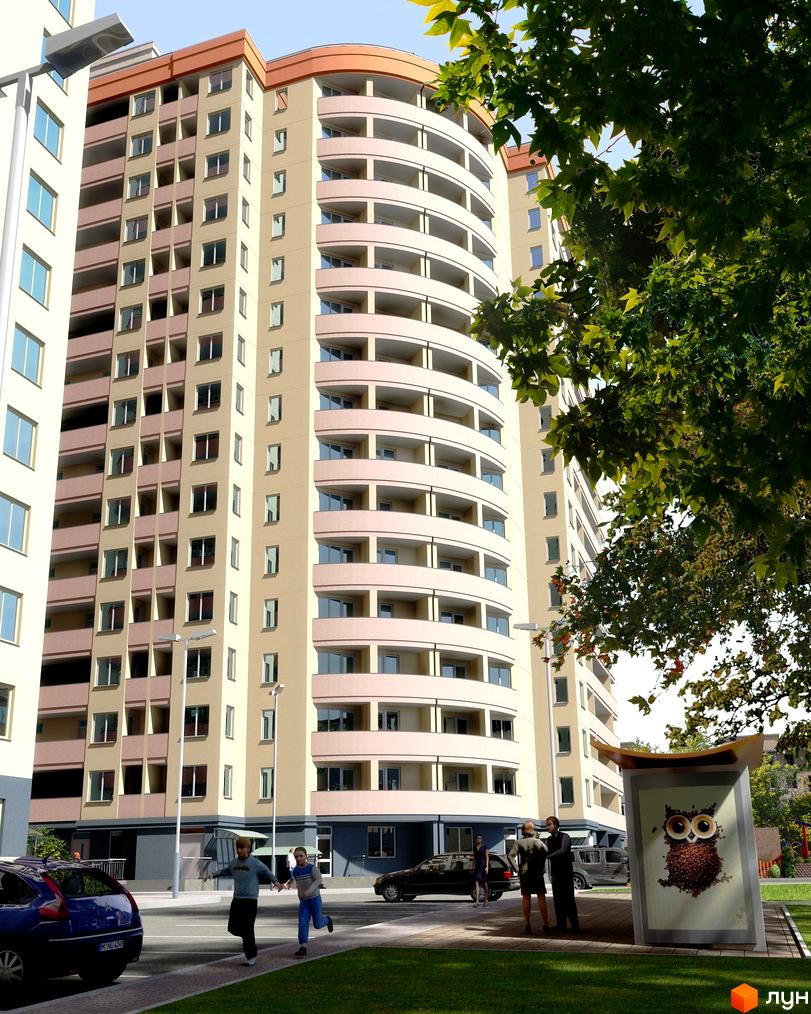 Зовнішній вигляд житлового комплексу Сосновий бір з округлими балконами та прибудинковою територією, де гуляють люди.