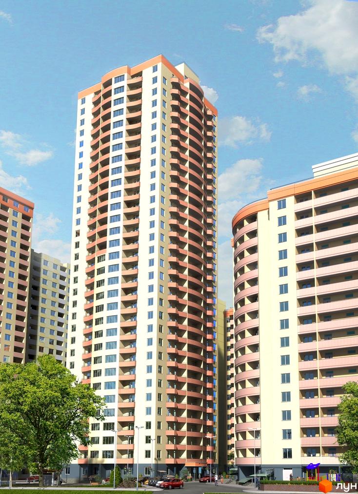 Житловий комплекс Сосновий бір з висотними будинками та зеленими насадженнями на прибудинковій території.