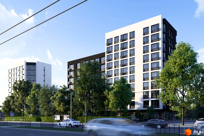 Вигляд ЖК Avalon 2Day. Високі будинки з великою кількістю вікон, поруч зелені дерева та дорога з автомобілями.