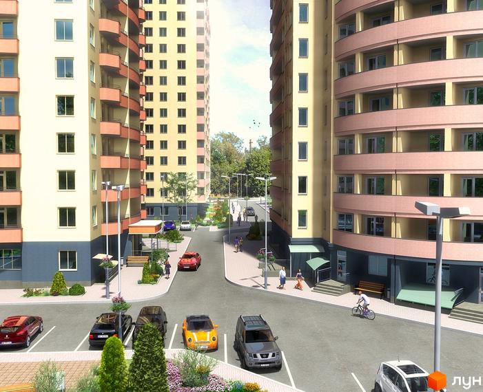 Житловий комплекс Сосновий бір з сучасними будинками та прибудинковою територією. Видно парковку, доріжки та зелені насадження.