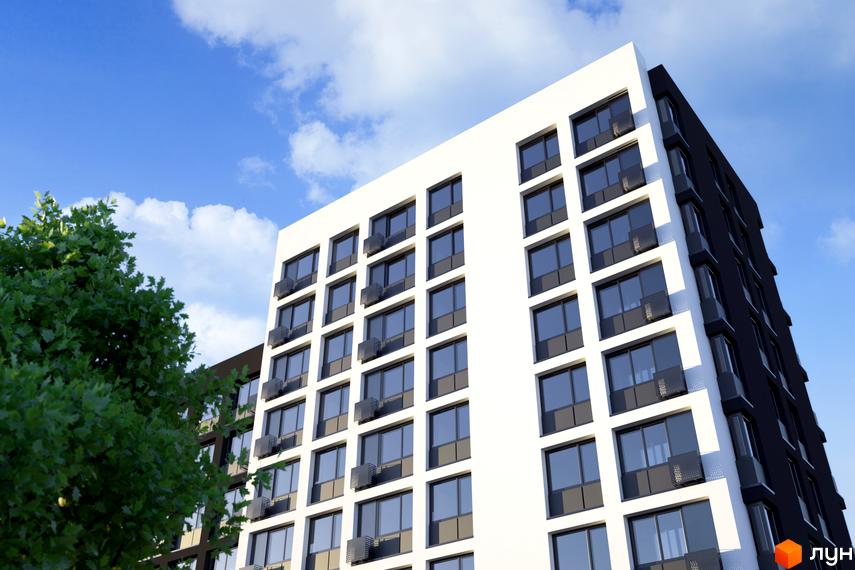 Висотна новобудова ЖК Avalon 2Day з великими вікнами та балконами. Навколо будинку ростуть дерева, а в небі блакитні хмари.