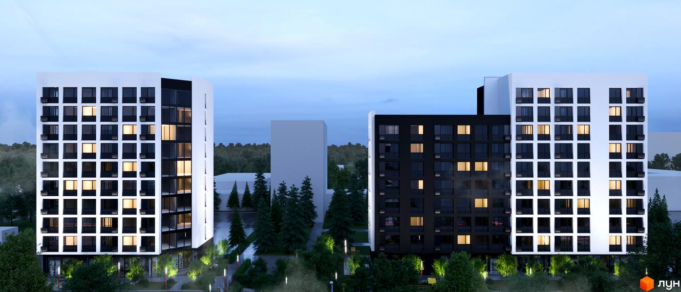 Житловий комплекс Avalon 2Day. Високі будинки з великою кількістю вікон, пофарбовані в білий та чорний кольори. На території комплексу є дерева та зелені насадження.