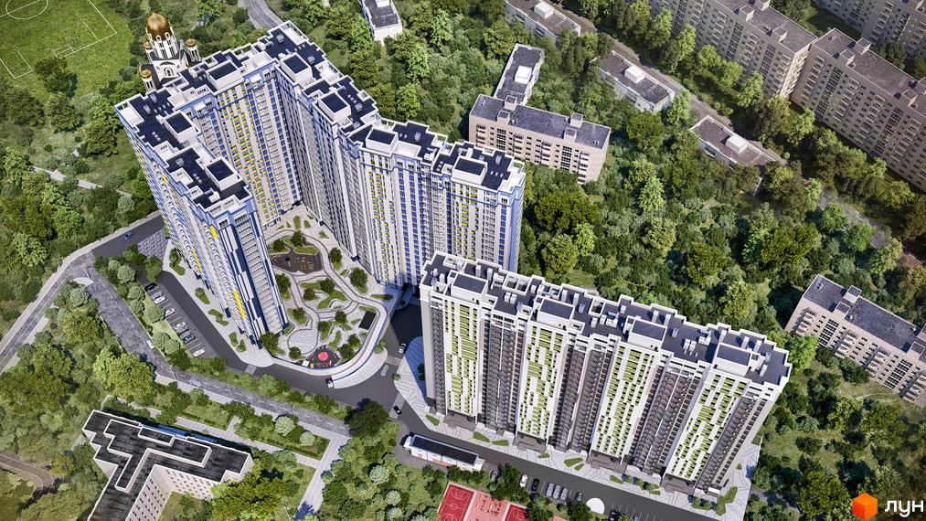 Високі будинки ЖК Злагода з великою кількістю секцій. На території комплексу розташовані зелені зони, дитячі майданчики та парковка.