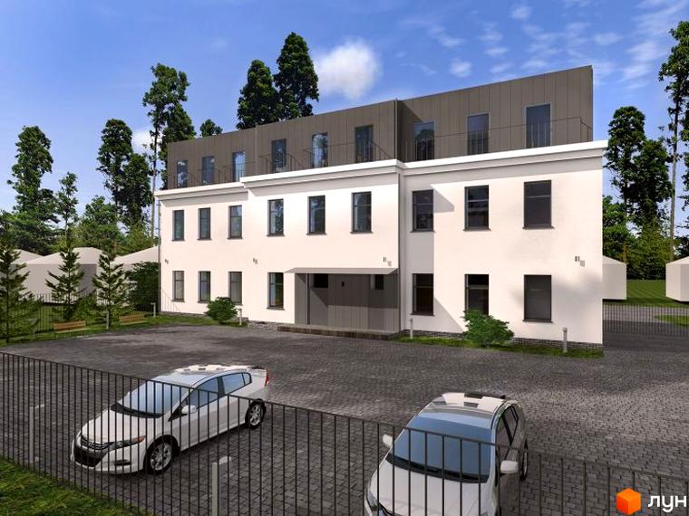 Новобудова Будинок на Озерянській: білий багатоповерховий будинок з темними вікнами та сірим верхнім поверхом. Перед ним вимощений двір з парковкою та деревами.