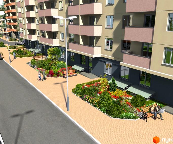 Зовнішній вигляд житлового комплексу ЖК Сосновий бір з прибудинковою територією, озелененням та лавками для відпочинку.