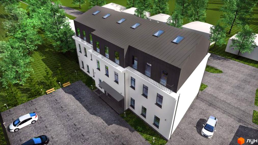 Триповерховий будинок з темним дахом та мансардними вікнами. На території є зелені насадження, парковка та кілька припаркованих автомобілів.