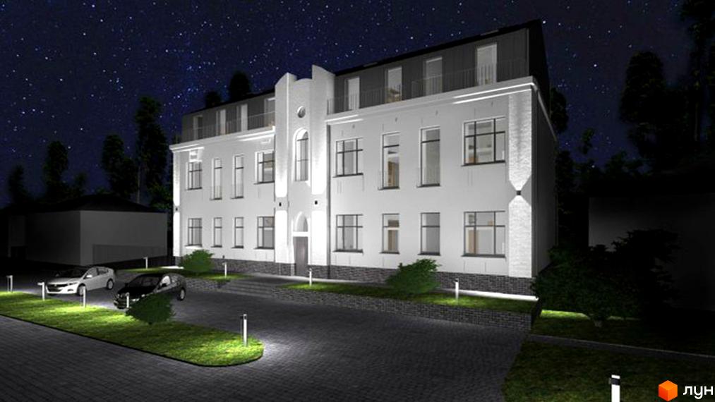 Триповерховий будинок з білими стінами та великими вікнами. Перед будинком розташована асфальтована дорога з газонами та ліхтарями.