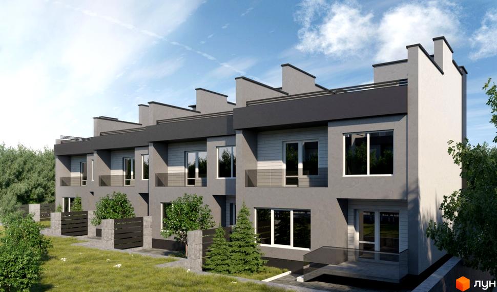 Зовнішній вигляд будинків котеджного містечка КМ Родинне коло з сучасними фасадами та вікнами. Прибудинкова територія з деревами та парканом.