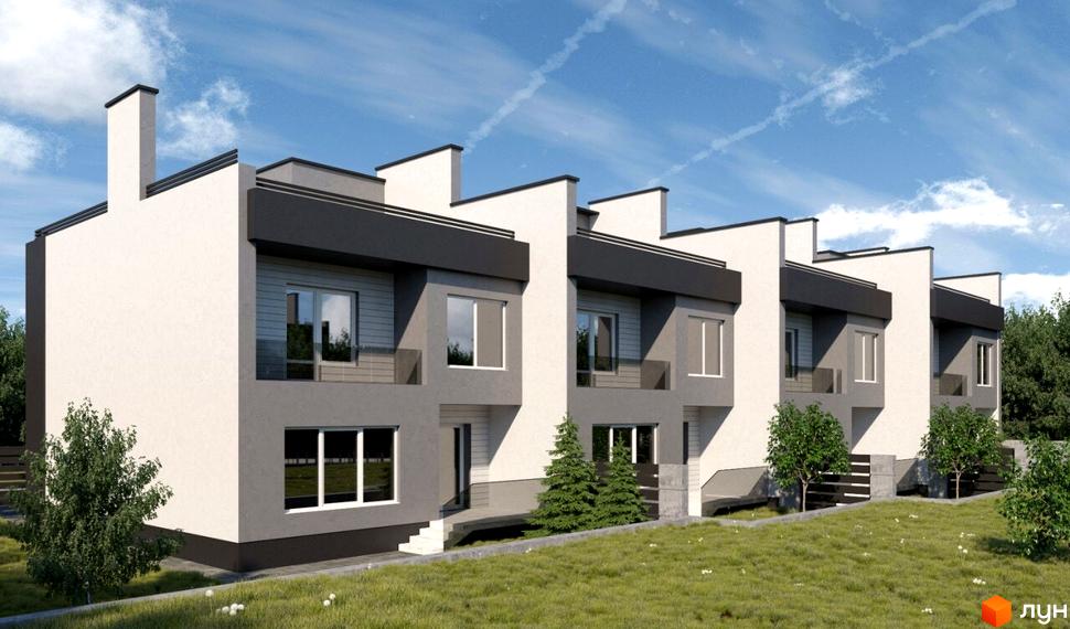 Котеджне містечко Родинне коло: фасади будинків з великими вікнами та балконами, зелена прибудинкова територія з деревами та газоном.