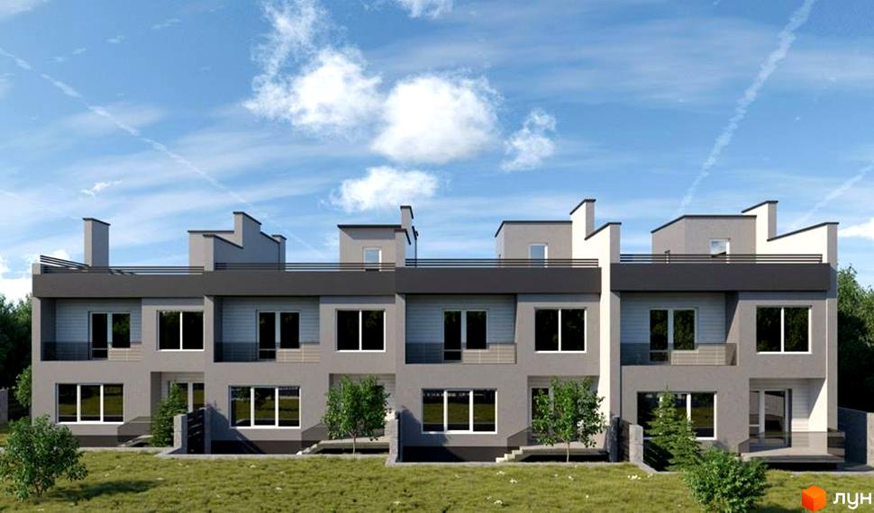 Котеджне містечко КМ Родинне коло: триповерхові будинки сірого кольору з великими вікнами та балконами, зелена галявина перед будинками.