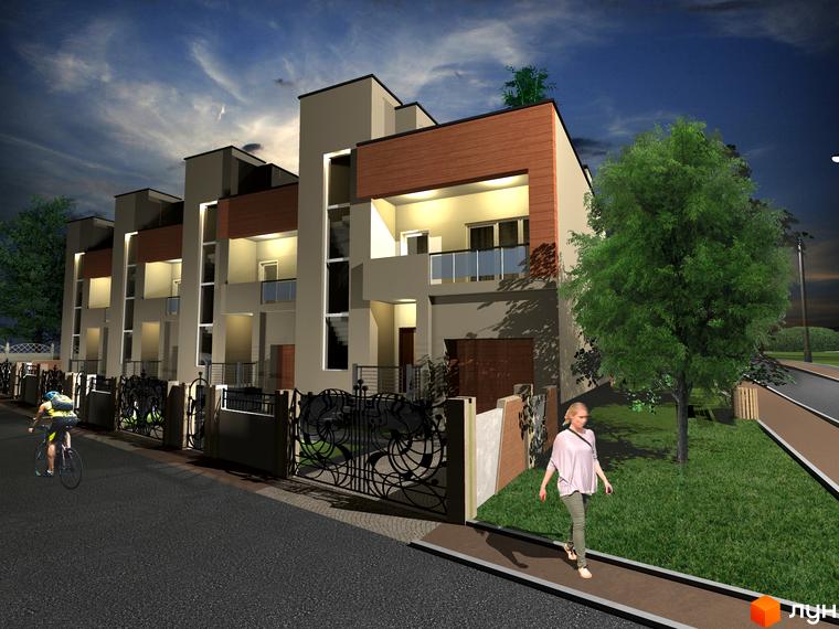 Котеджне містечко Родинне коло: фасади будинків з дерев'яними елементами та скляними балконами. Прибудинкова територія з деревами та пішохідною доріжкою.