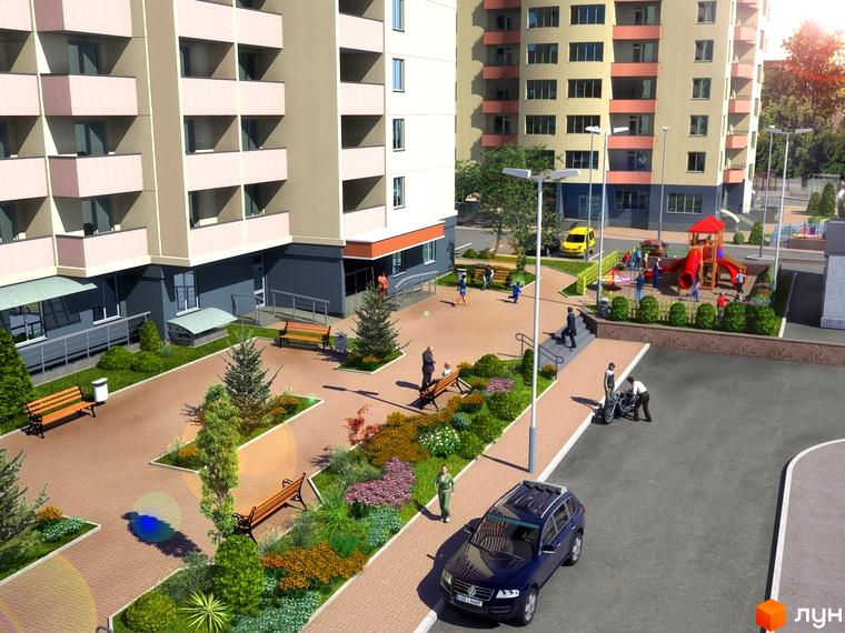 Зовнішній вигляд житлового комплексу Сосновий бір з прибудинковою територією, дитячим майданчиком і зеленими насадженнями.