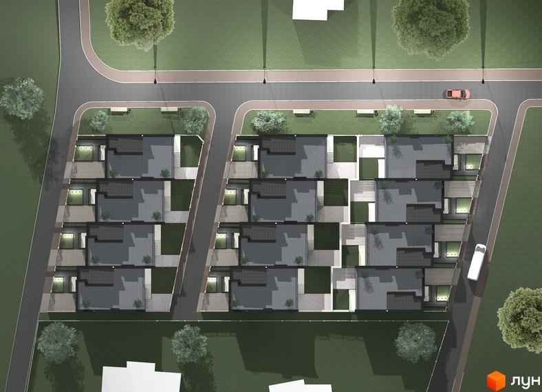 Котеджне містечко Родинне коло: вид зверху на ряди будинків з пласкими дахами та приватними подвір'ями. Прибудинкова територія з доріжками, зеленими зонами та деревами.