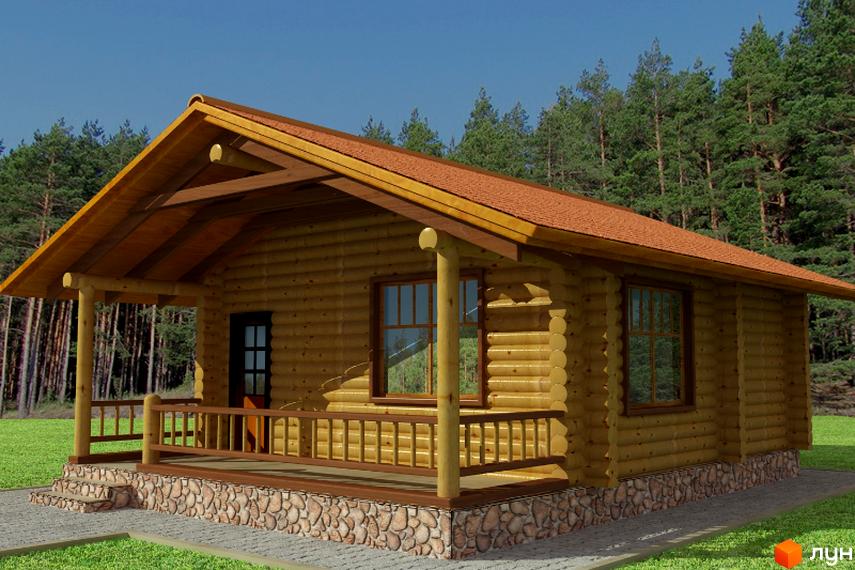 Зображення дерев'яного будинку з терасою в Котеджному містечку Княжий Хутір. Будинок з коричневим дахом та великими вікнами, оточений зеленню.